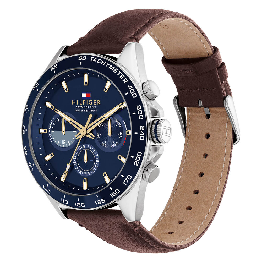 Tommy Hilfiger Chronograph 46mm Quartz Blue Dial Steel Case Brown Strap Watch