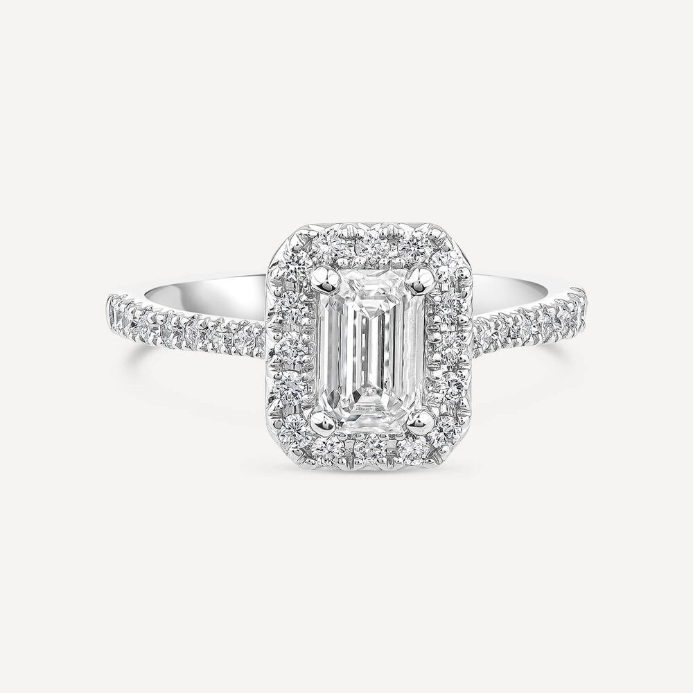 Born Platinum Lab Grown 1.40ct Emerald Cut Diamond Halo & Sides Ring image number 2