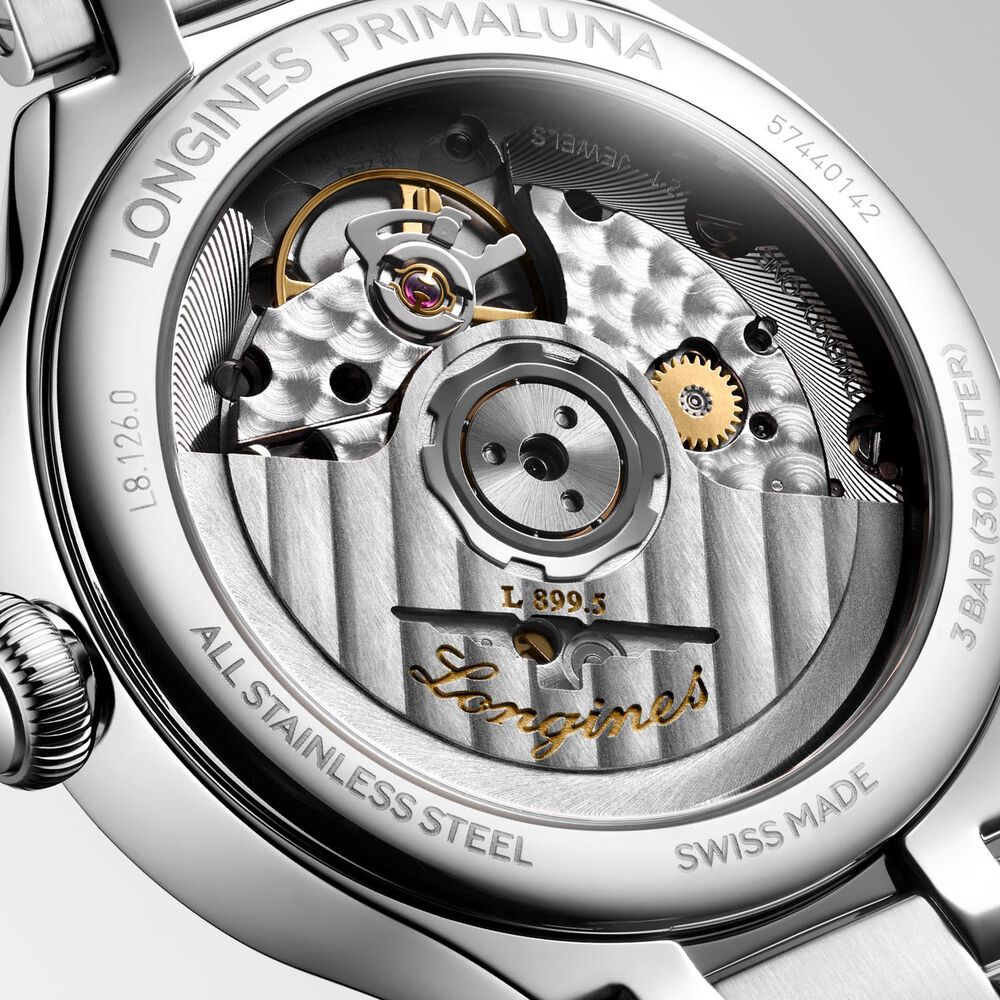 Longines Elegance Primaluna 34mm Moonphase Silver Dial Diamond Bezel Steel Bracelet Watch image number 5