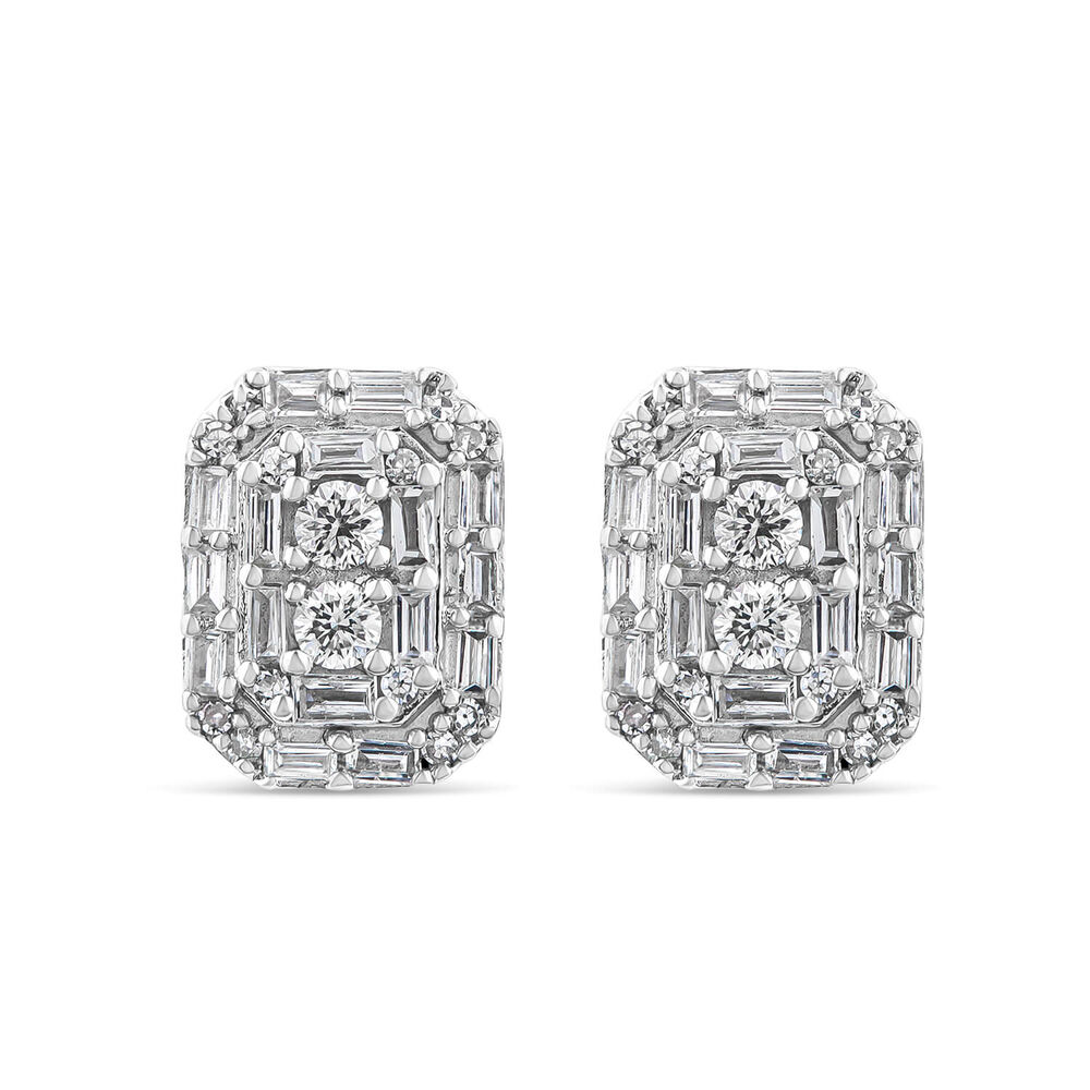 9ct White Gold 0.30ct Octagonal Baguette & Round Cluster Stud Earrings