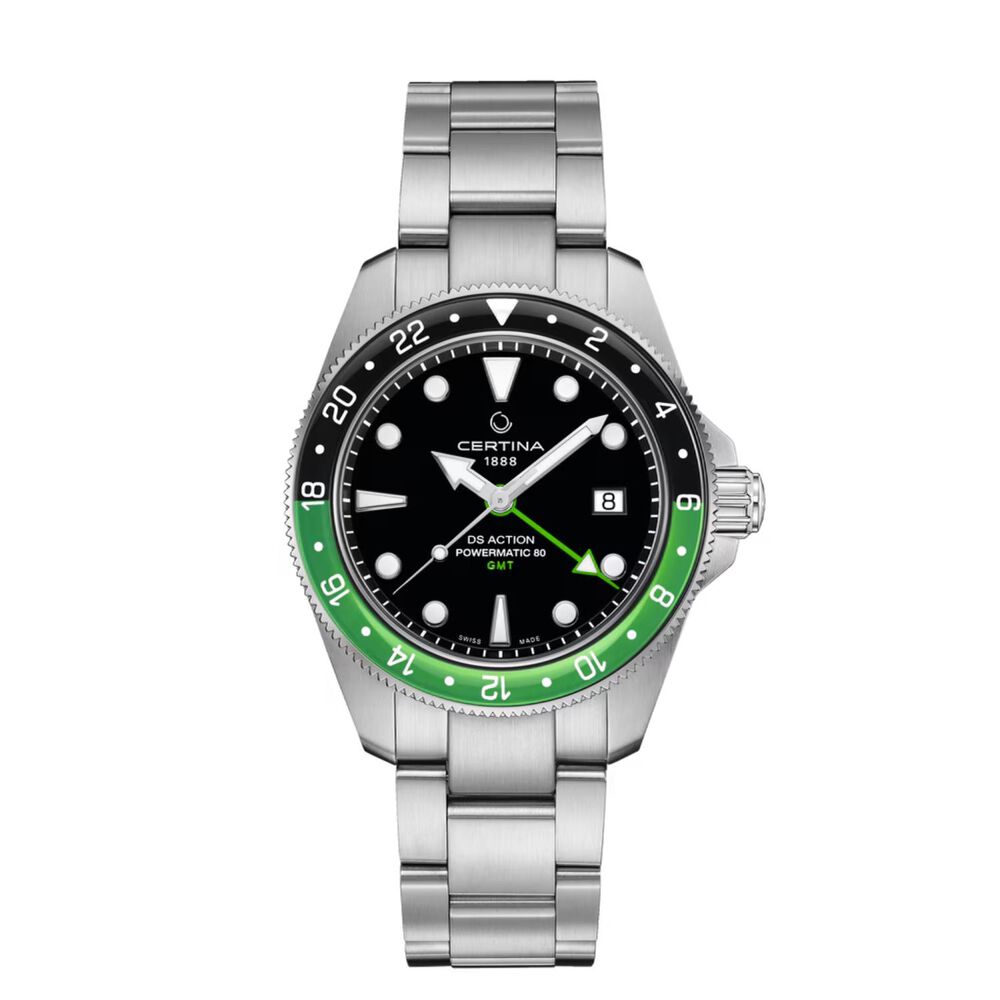 Certina DS Action GMT Powermatic 80 41mm Black Dial Green & Black Bezel Steel Bracelet Watch