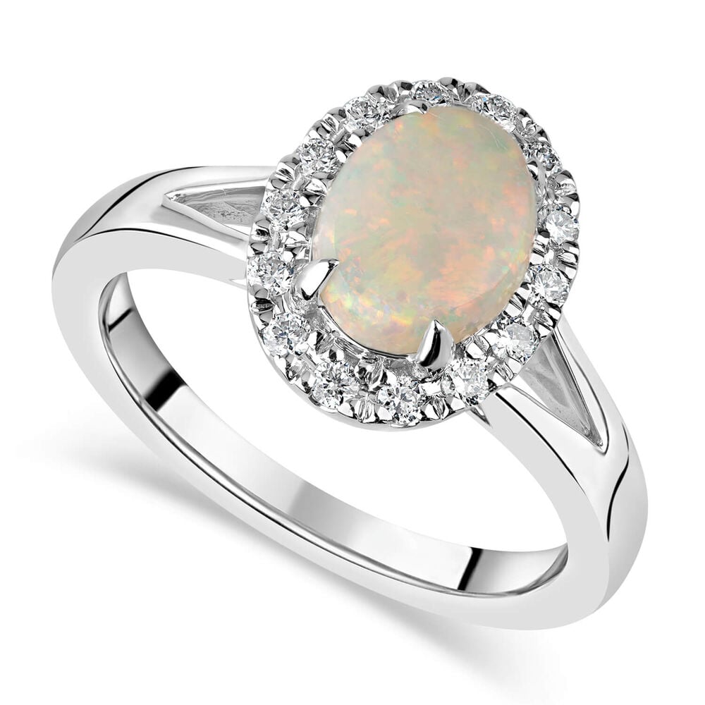 9ct White Gold 0.15ct Diamond Halo & Opal Ring