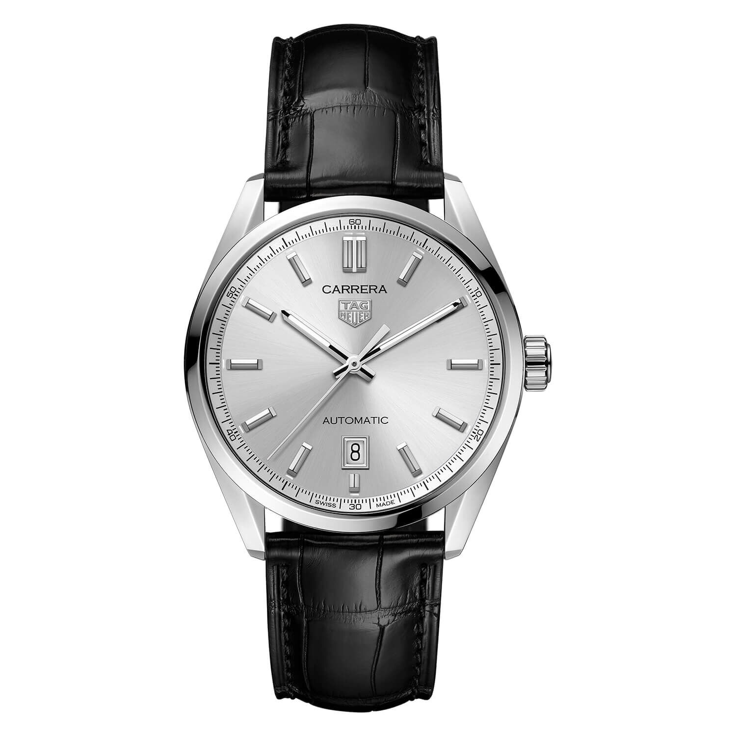 TAG Heuer Carrera Date 39mm Silver Dial Steel Case Black Leather Strap Watch