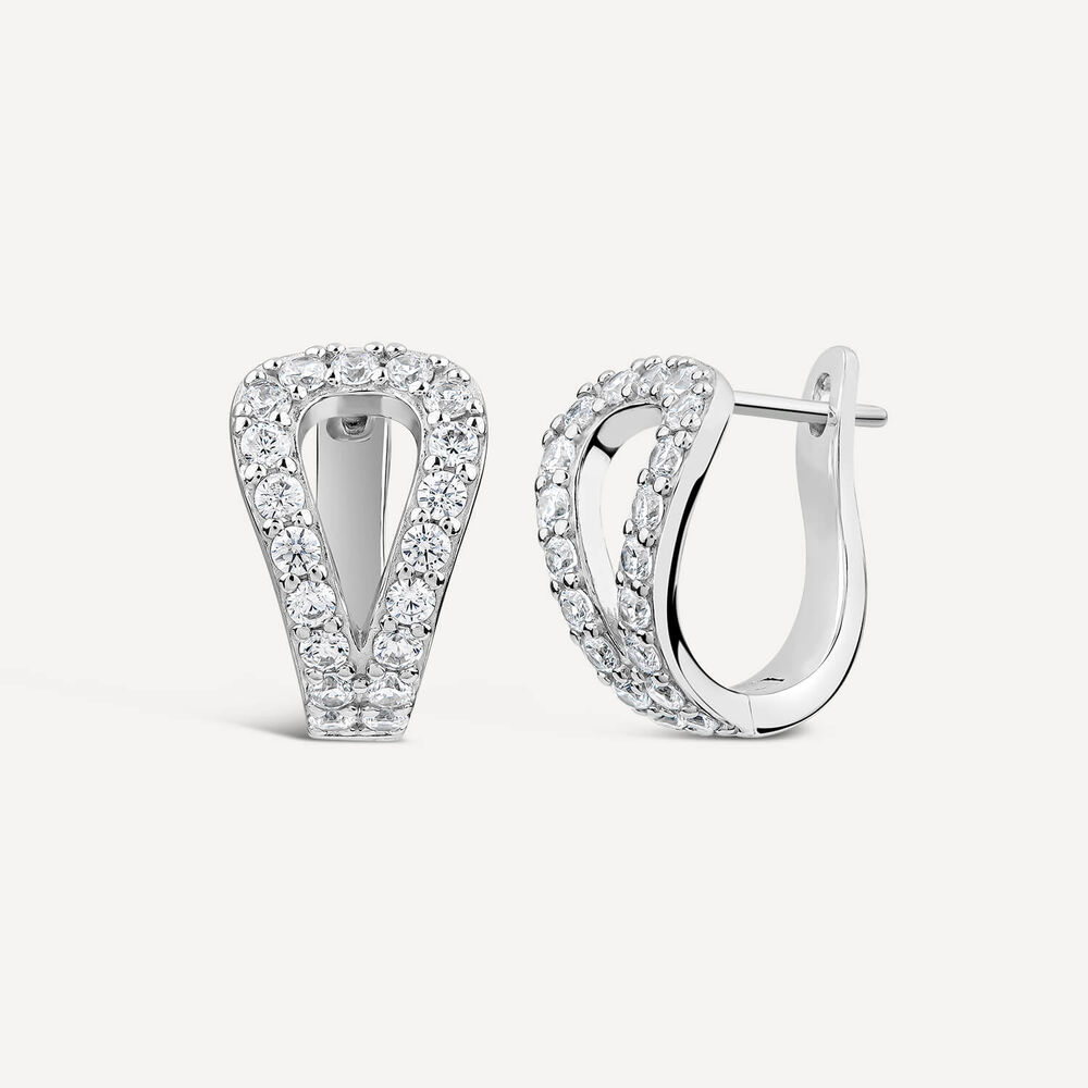 Sterling Silver Cubic Zirconia Opened Tear Shaped Hoop Earrings