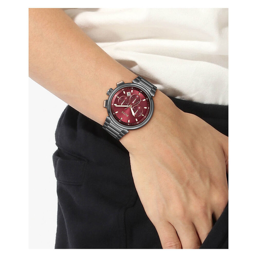 BOSS One 44mm Burgundy Dial Grey PVD Case & Bracelet Chronograph Watch image number 3