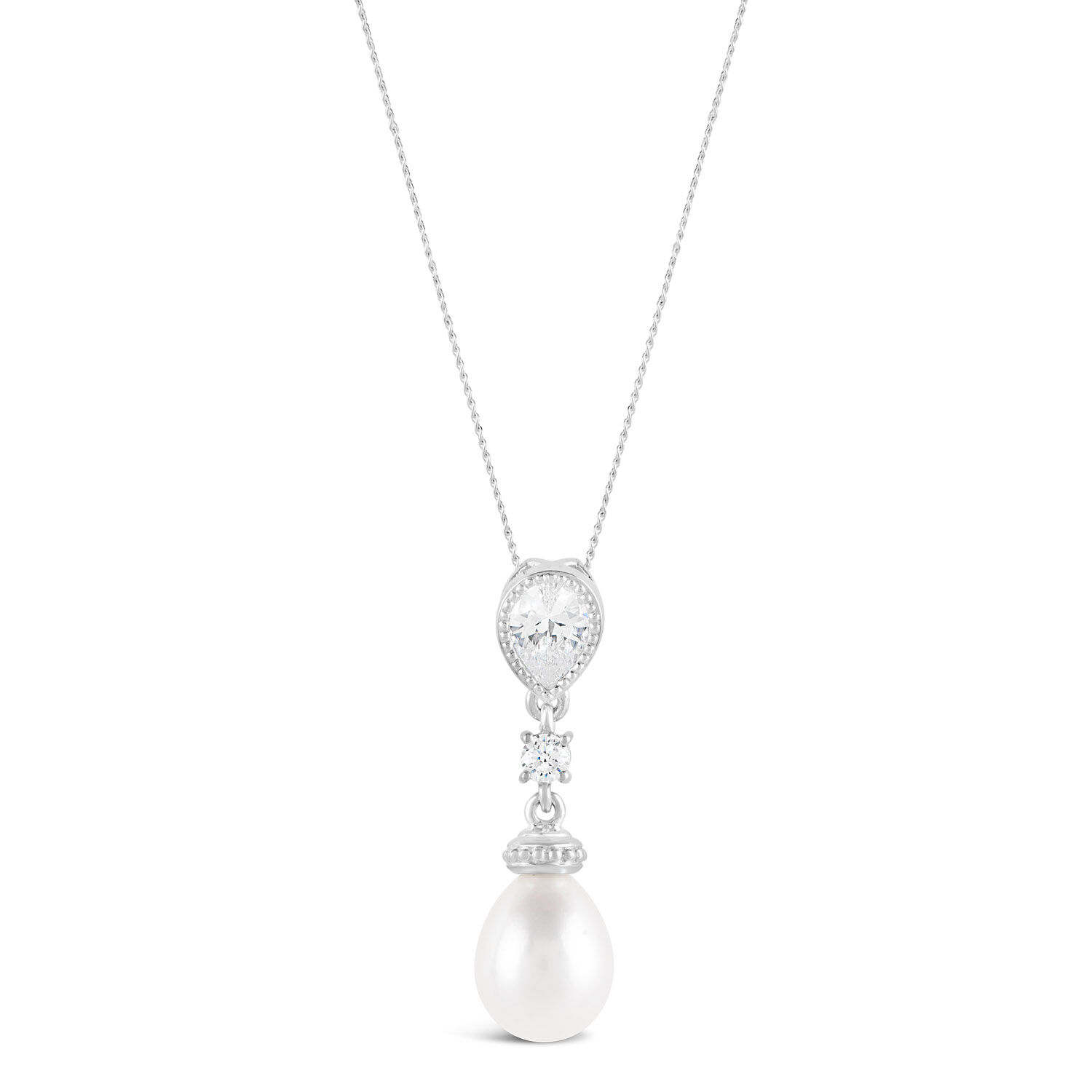 9ct White Gold Oval Pearl Cubic Zirconia Round Pear Pendant