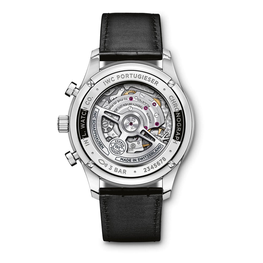 IWC Schaffhausen Portugieser Chronograph Silver Dial Black Strap Watch