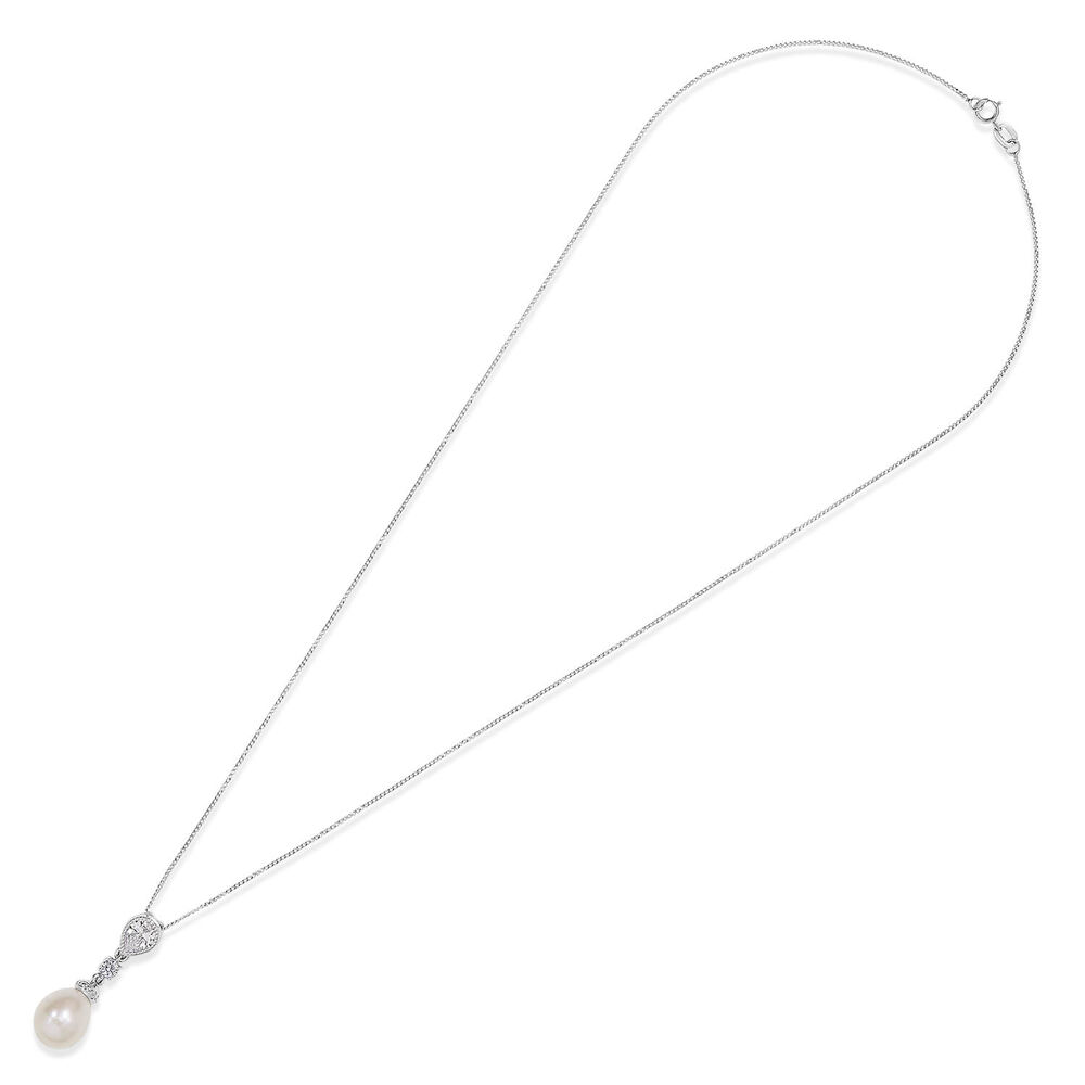 9ct White Gold Oval Freshwater Pearl Cubic Zirconia Round & Pear Top Pendant (Chain Included) image number 3