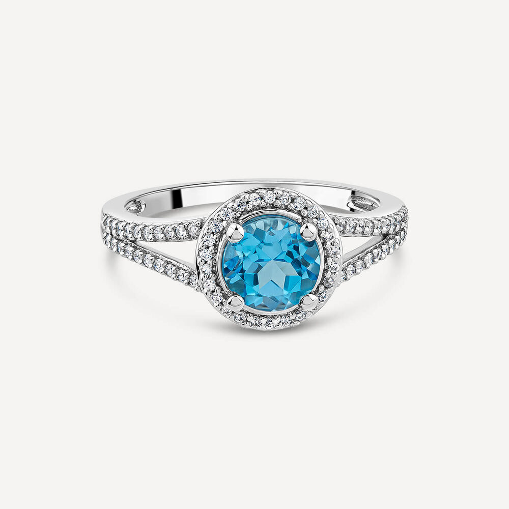 9ct White Gold London Blue Topaz & 0.16ct Round Halo Diamond Split Shoulders Ring image number 2