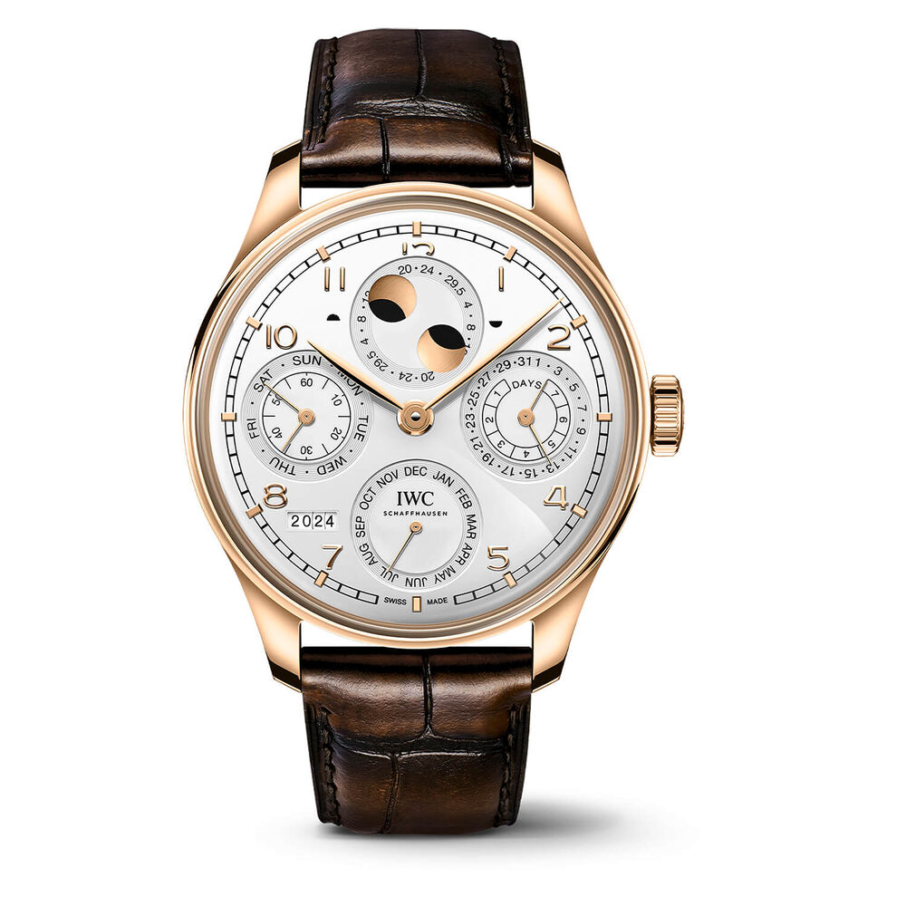 IWC Schaffhausen Portugieser Perpetual Calendar 44 Silver Moon Dial Brown Leather Strap Watch