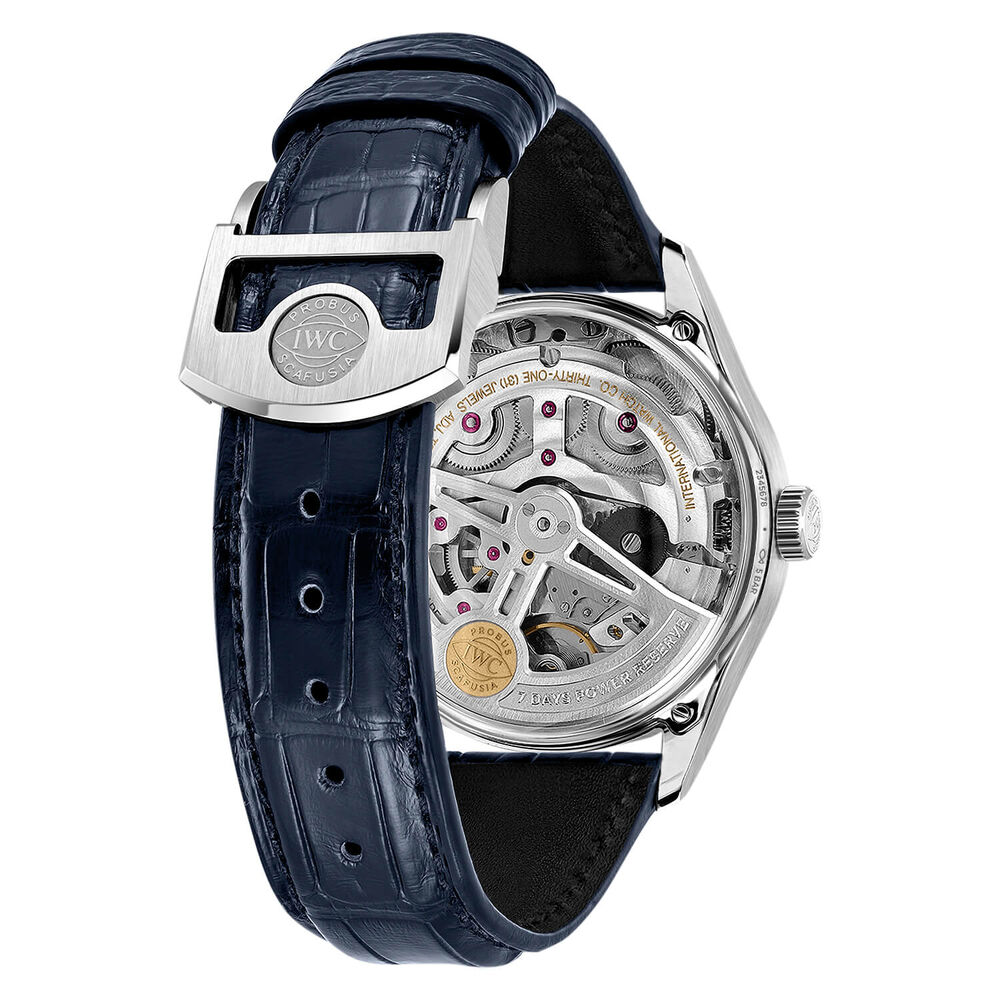 IWC Schaffhausen Portugieser Automatic 42 Silver Moon Dial Blue Alligator Leather Strap Watch image number 3