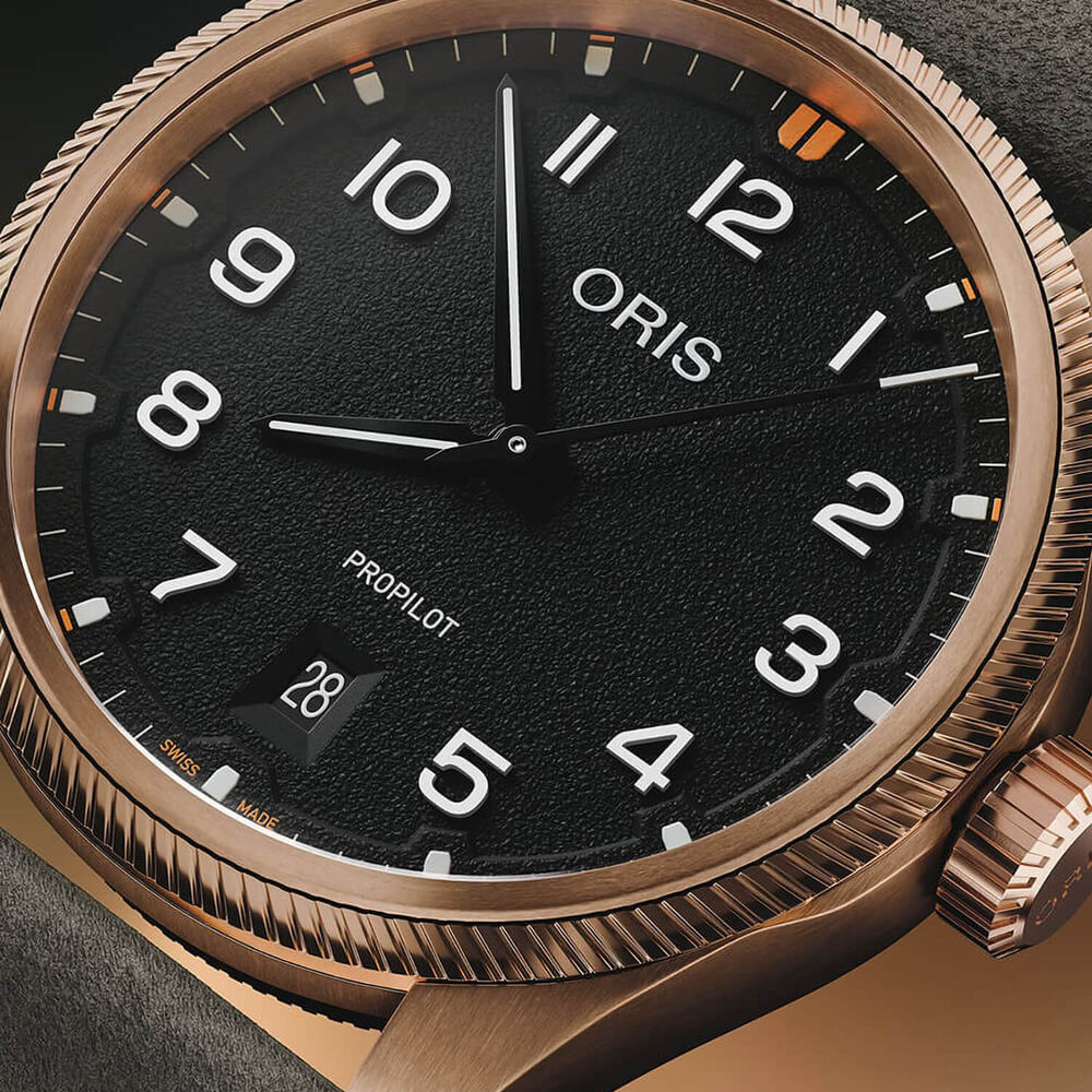 Oris Propilot Bronze 41mm Black Dial Dark Green Leather Strap Watch