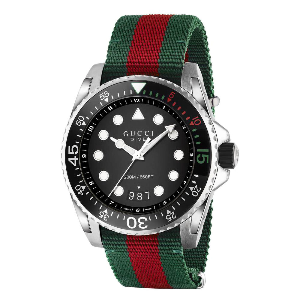 Gucci Dive 45mm Black Dial Multicolour Fabric Strap Watch