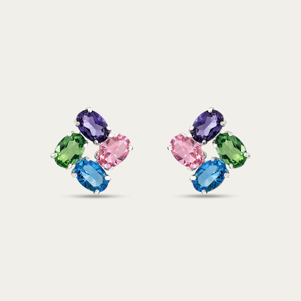 Sterling Silver 4 Multi Colour Oval Cubic Zirconia Stud Earrings