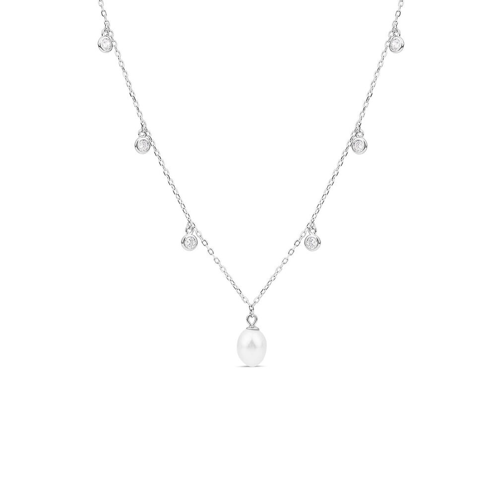 Sterling Silver Freshwater Pearl & Cubic Zirconia Droplets Necklet