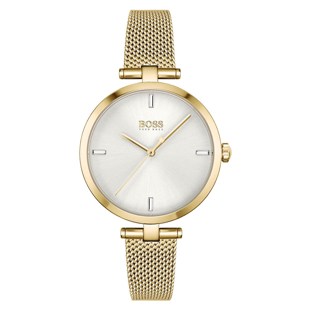 Hugo Boss Majesty 32mm Silver Dial 3 Baguette Cubic Zirconia Dial Yellow Gold IP Case Bracelet Watch image number 0