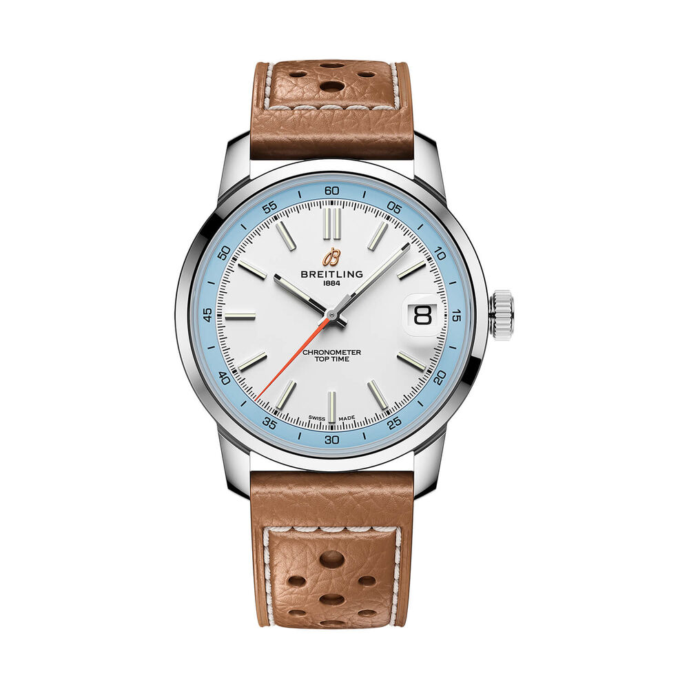 Breitling Top Time B31 38mm White & Light Blue Dial Beige Leather Strap Watch