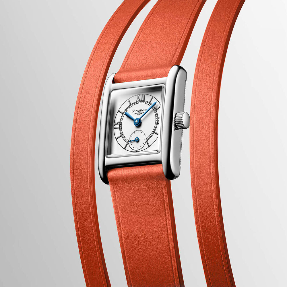 Longines MiniDolcevita 21.5 x 29mm Silver Dial Orange Leather Strap Watch image number 2