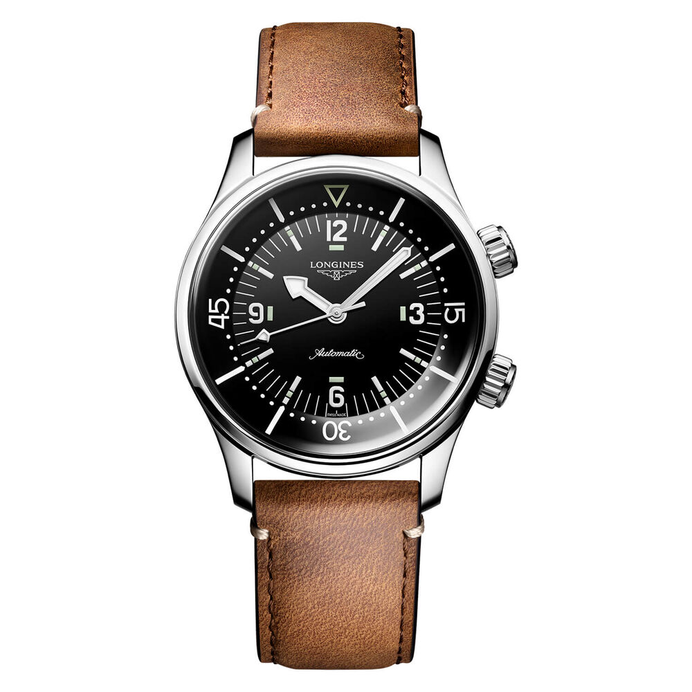 Longines Legend Diver 39mm Black Dial Stainless Steel Case Brown Leather Strap Watch