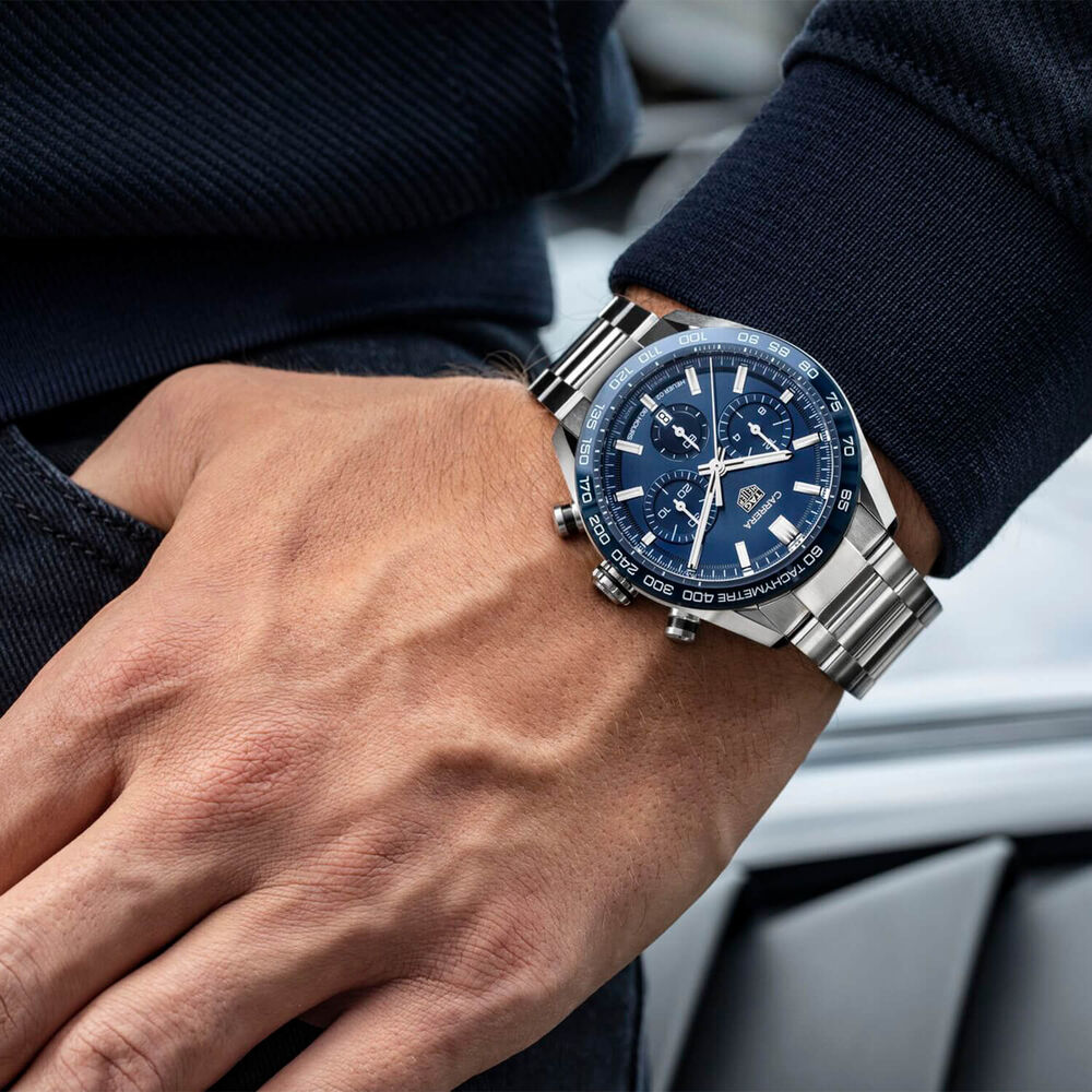 TAG Heuer Carrera 44mm Blue Dial Chrono Blue Bezel Steel Case Watch image number 5