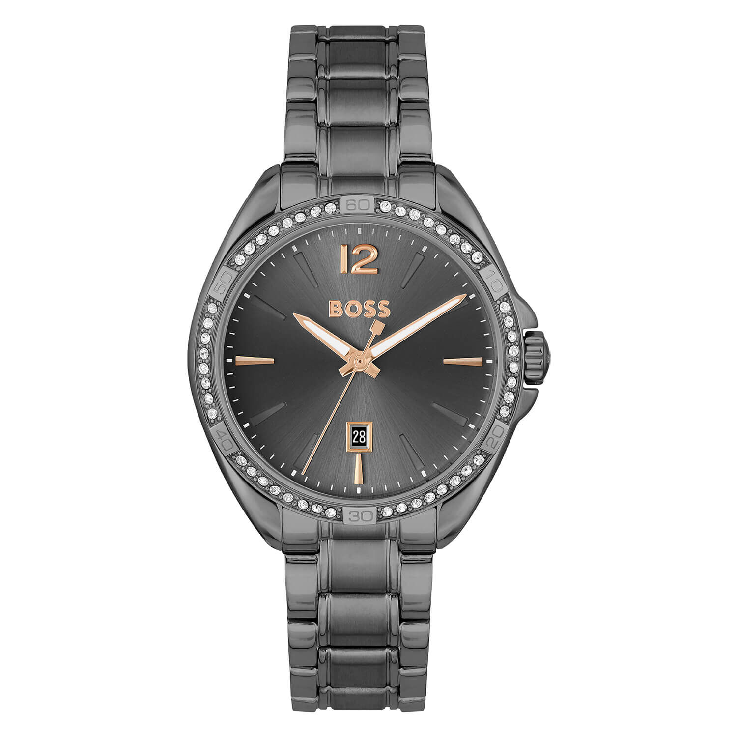 BOSS Felina 32mm Quartz Grey Dial Cubic Zirconia Bezel Grey IP