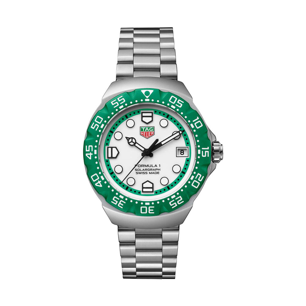 TAG Heuer Formula 1 Solargraph 38mm White Dial Green Bezel Steel Bracelet Watch