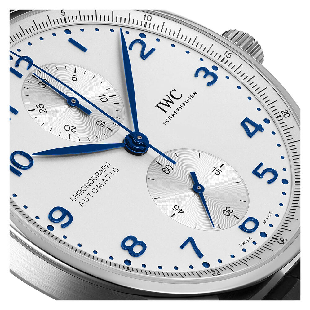 IWC Schaffhausen Portugieser Chronograph Silver Dial Blue Strap Watch image number 3