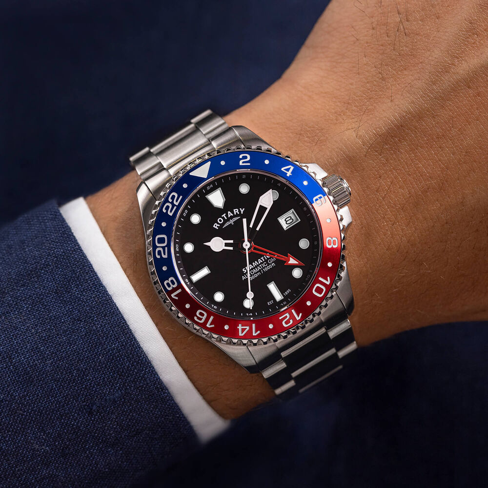 Rotary Seamatic GMT 300M 42mm Black Dial Stainless Steel Bracelet Watch