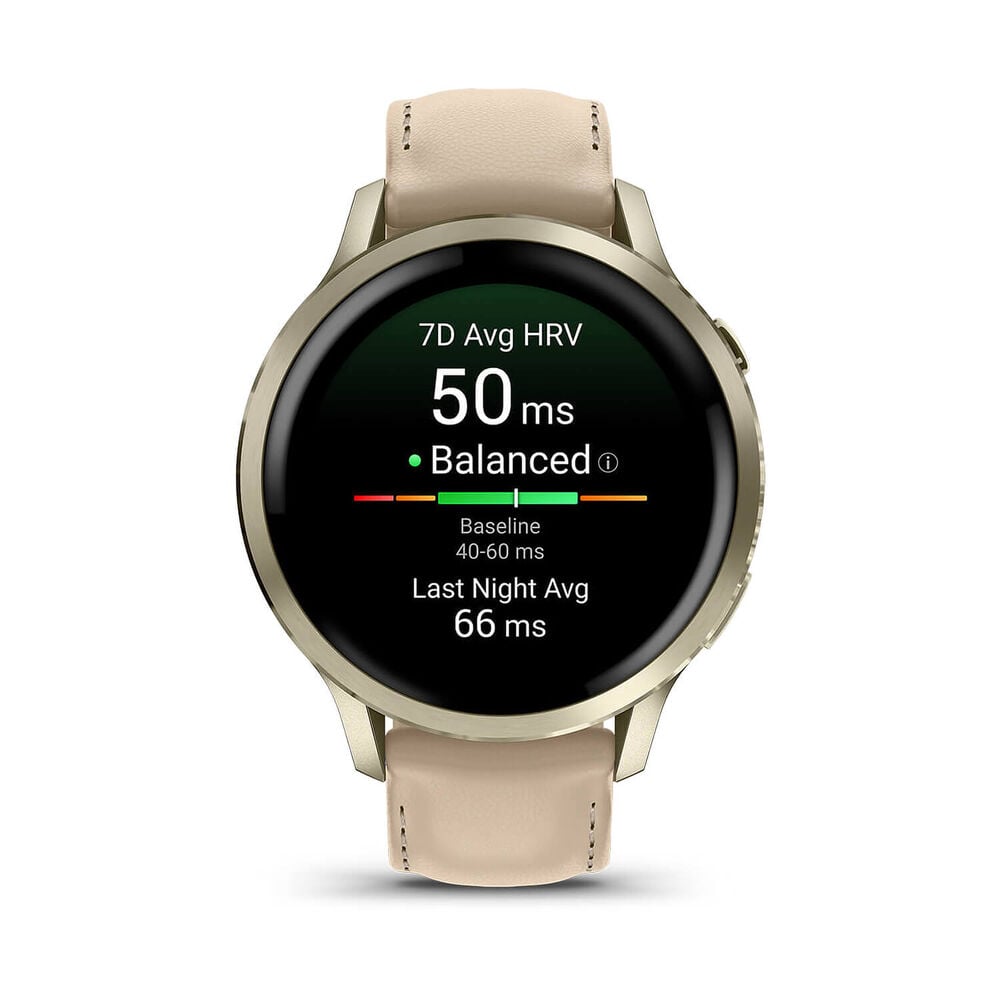 Garmin Venu 4 41mm Lunar Gold Bezel Light Sand Leather Strap Watch image number 1