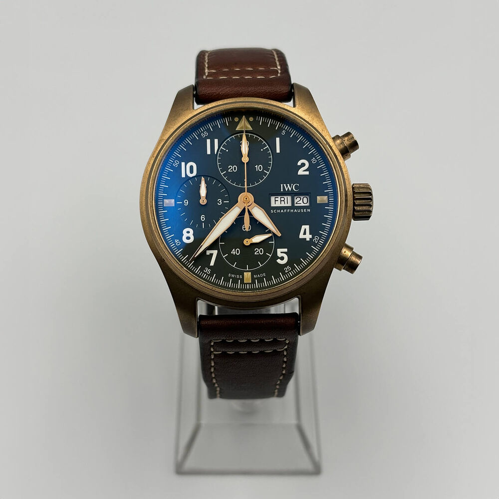 Pre-Owned IWC Schaffhausen Pilot's Watch Chronograph Spitfire Green Dial Brown Strap Watch