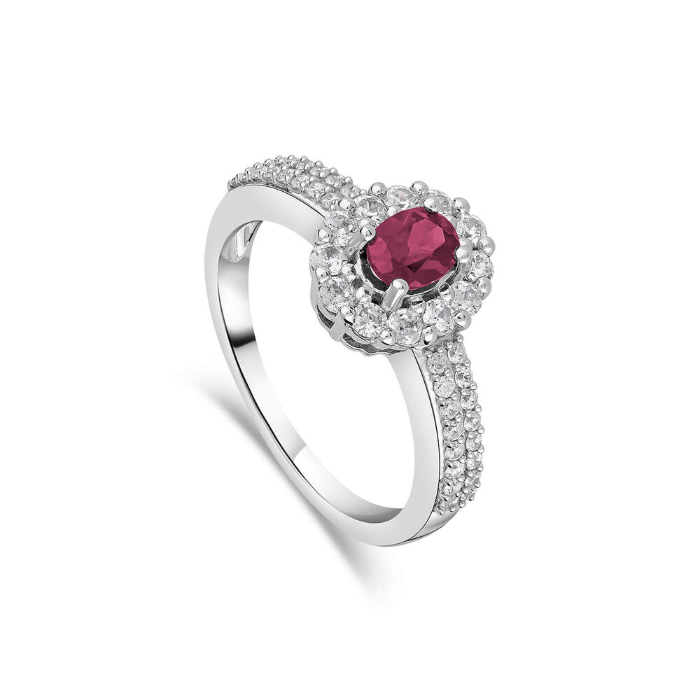 18ct White Gold Ruby With 0.55ct Diamond Cluster Double Diamond Shoulders Ring image number 0