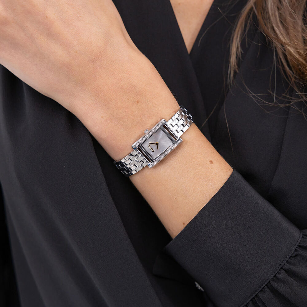 BOSS Lucy Precious 18x28mm Rectangular Silver Dial Crystal Bezel Steel Bracelet Watch image number 4