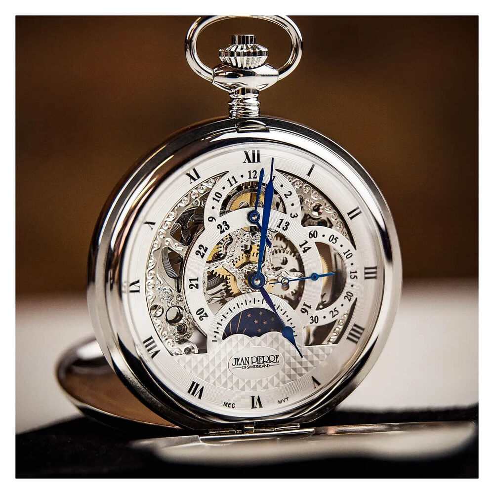 Jean Pierre Dual Time Moon Chrome Plated Pocket Watch