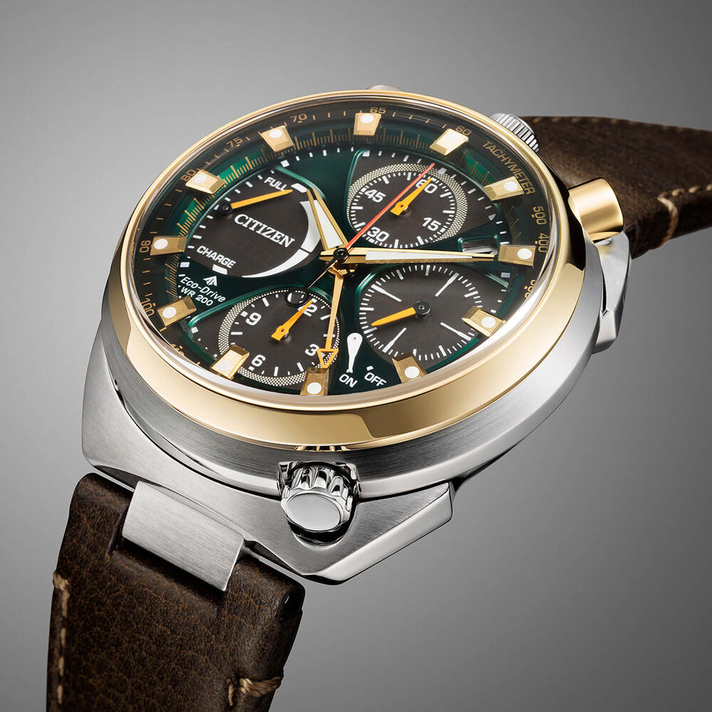 Citizen Promaster Bullhead Racing Chronograph 45mm Green Dial Brown Leather Strap Watch