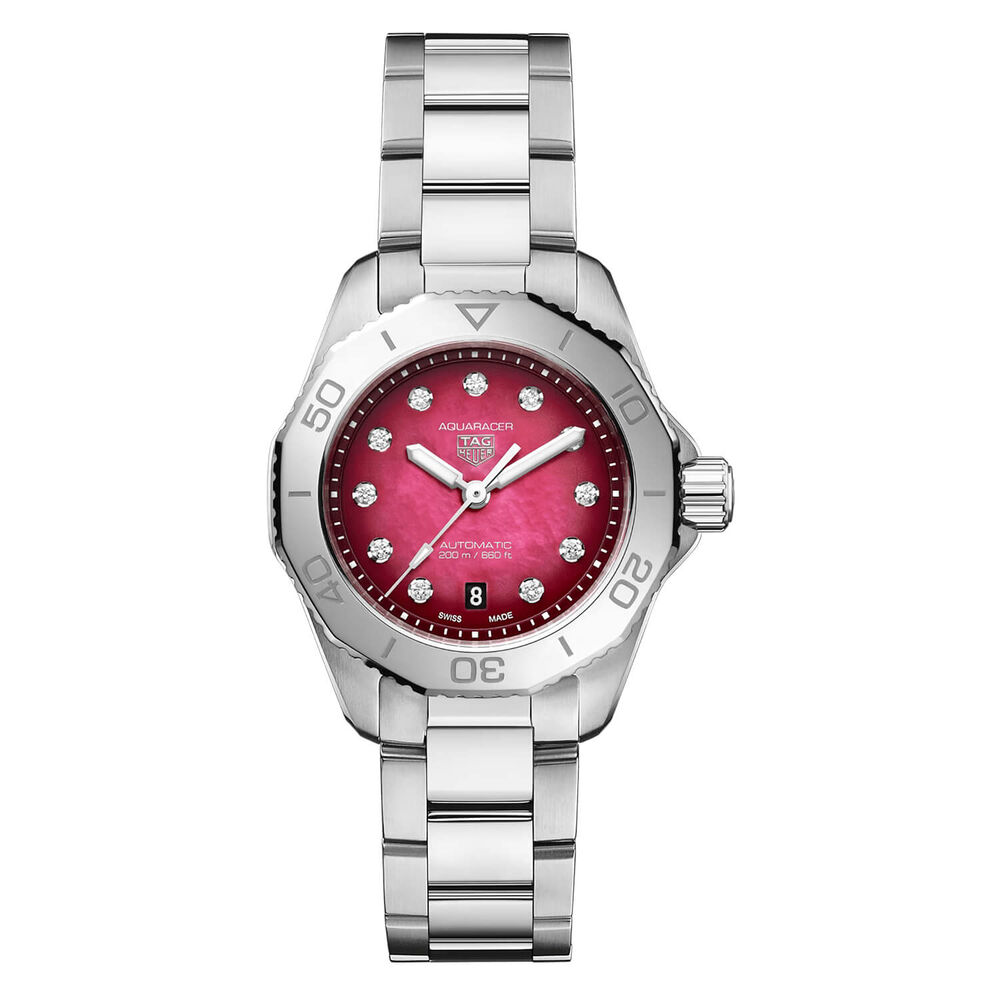 TAG Heuer Aquaracer Professional 200 Date 30mm Red MOP Dial Diamond Dots Bracelet Watch