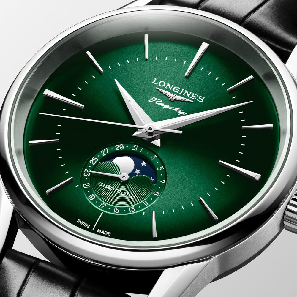 Longines Flagship Heritage 38.5mm Green Dial Black Leather Watch image number 3