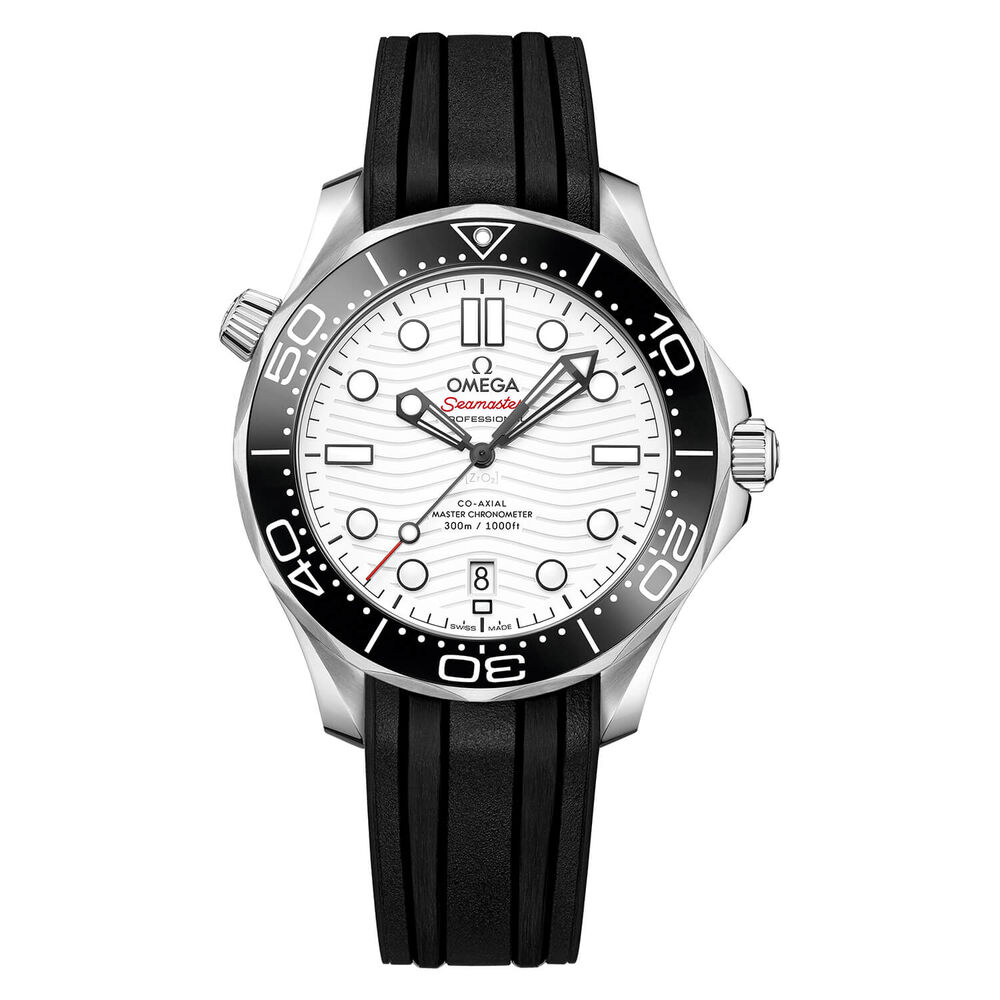 Omega Seamaster Diver 300 White Dial Black Strap Mens Watch