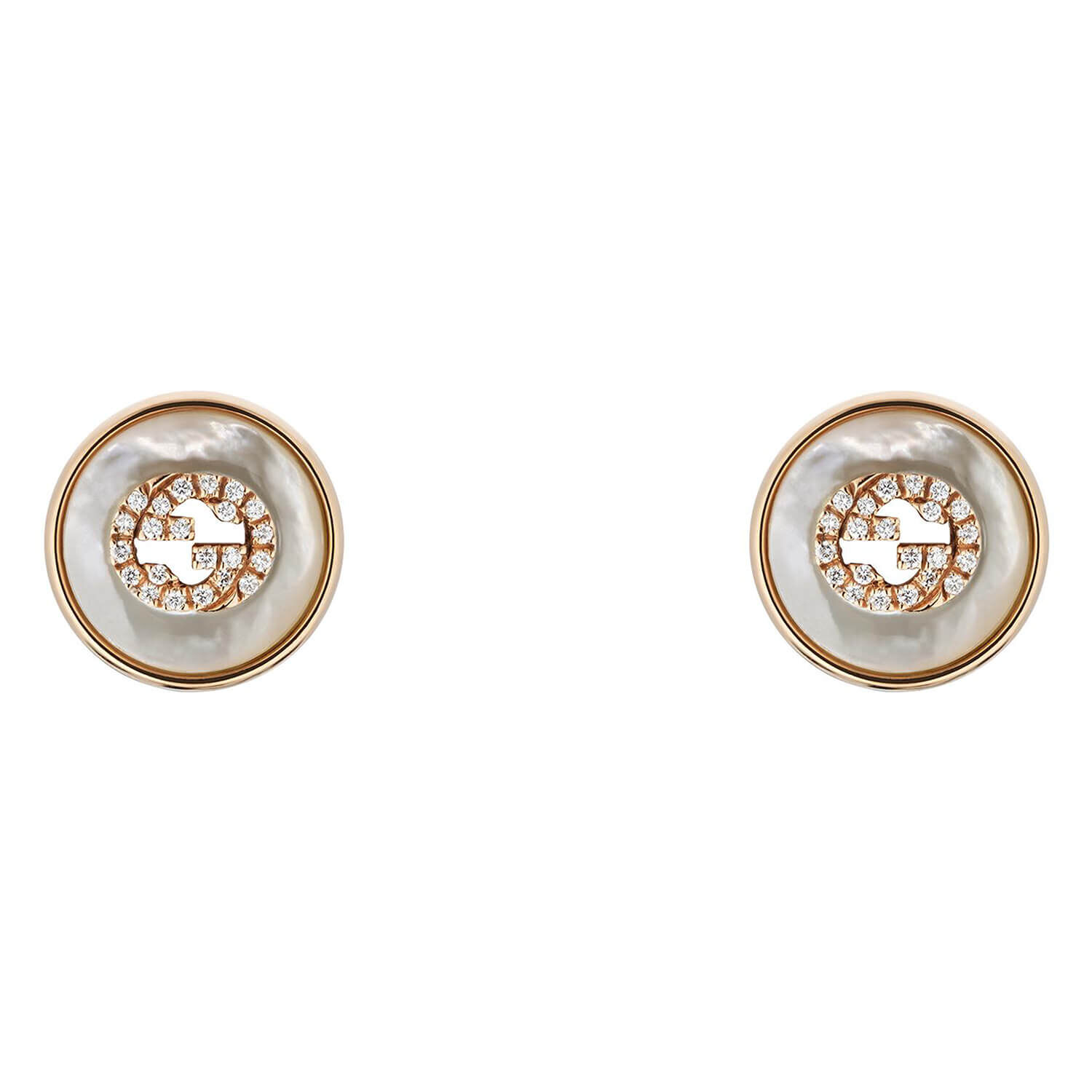 Gucci Interlocking MOP Diamond 18k Rose Gold Stud Earrings