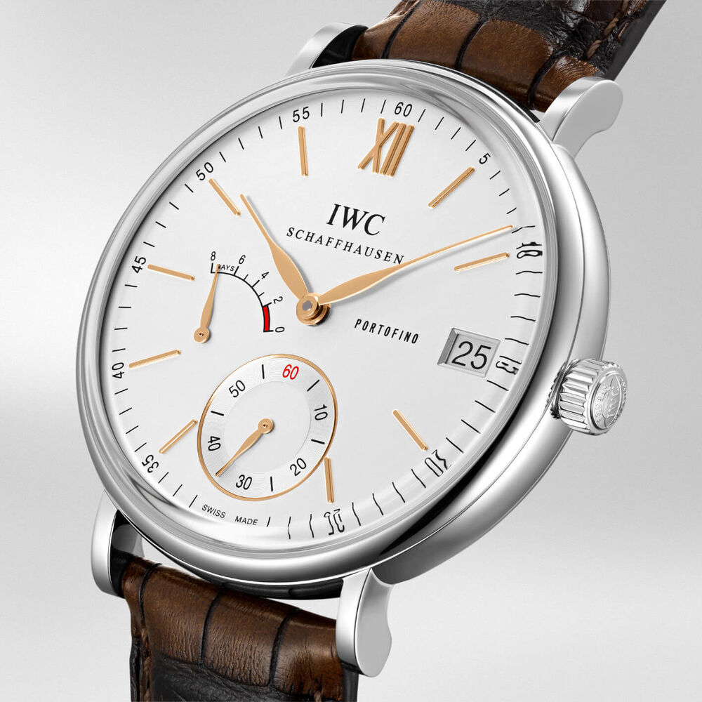 IWC Portofino Hand-Wound Eight Days silver brown leather strap watch image number 1