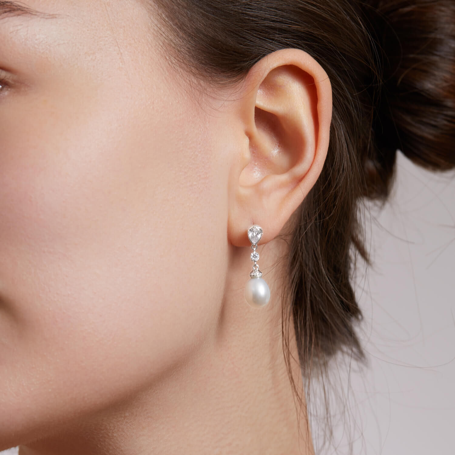 9ct White Gold Oval Pearl Cubic Zirconia Pear Drop Earrings