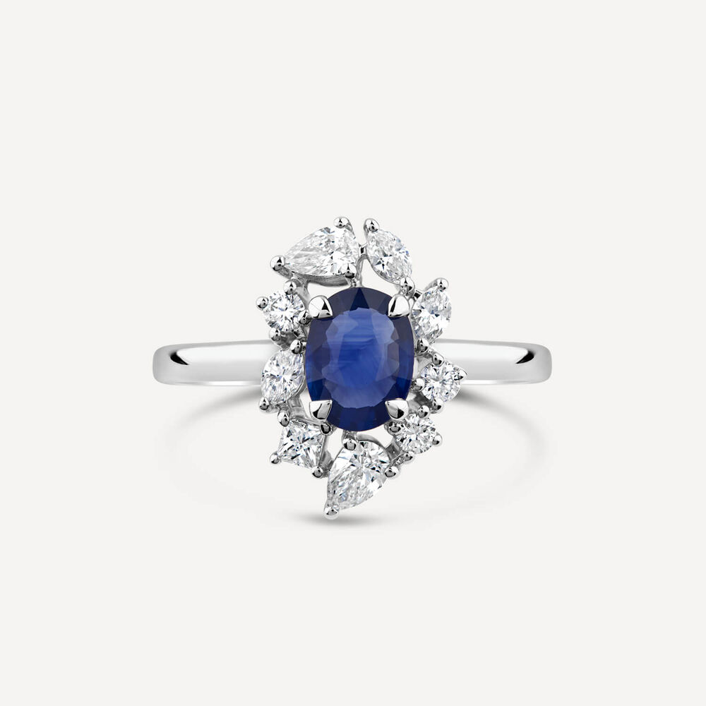 9ct White Gold Sapphire & 0.47ct Diamond Mixed Cuts Halo Ring image number 1