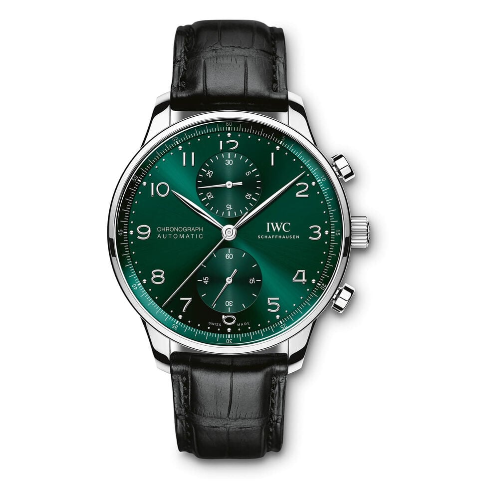 IWC Schaffhausen Portugieser Chronograph Green Dial Black Strap Watch
