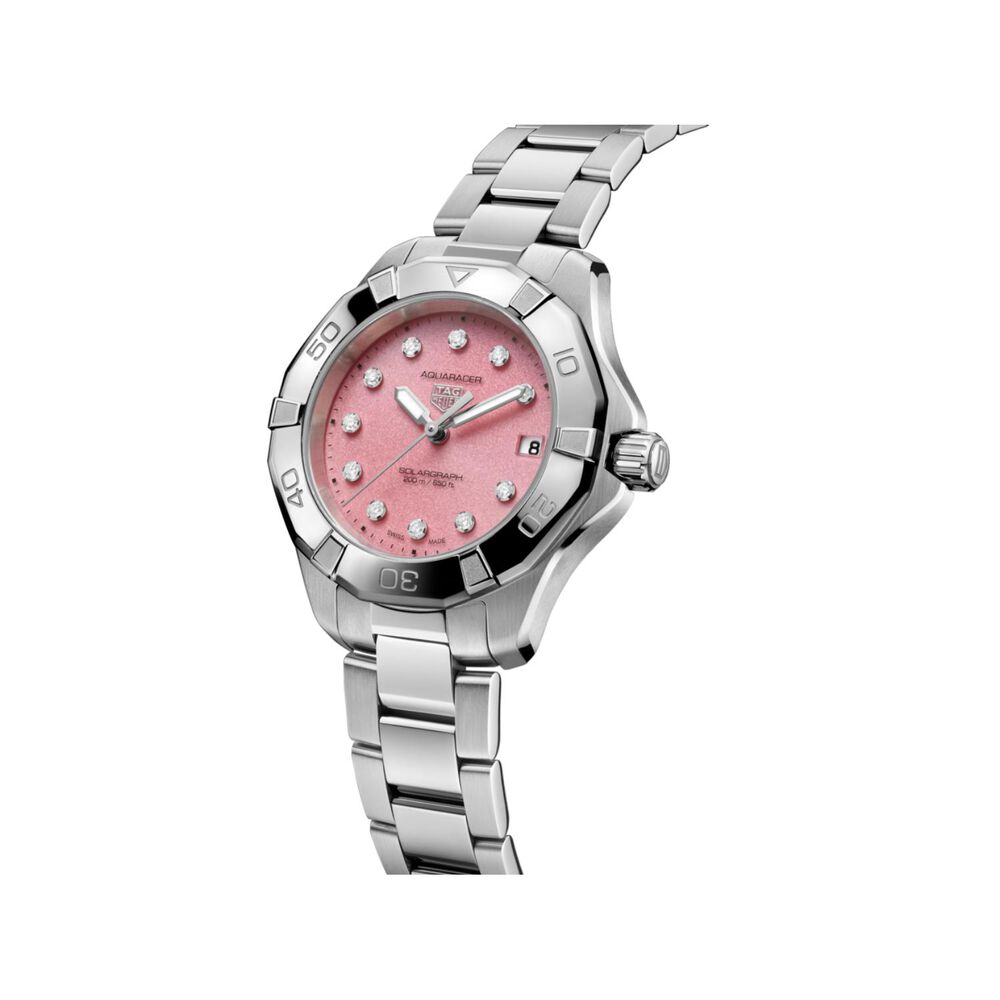 TAG Heuer Aquaracer Professional 200 Solargraph 34mm Pink Dial Diamond Dot Steel Bracelet Watch image number 1