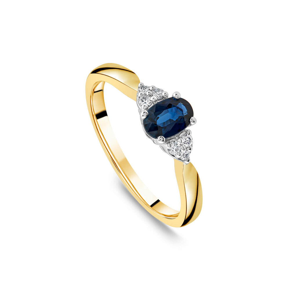 9ct Yellow Gold Oval Sapphire & Trefoil 0.07ct Diamond Sides Ring