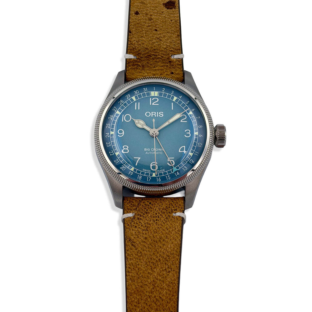 Pre-Owned Oris Big Crown 38mm Light Blue Dial Steel Case Tan Strap Watch