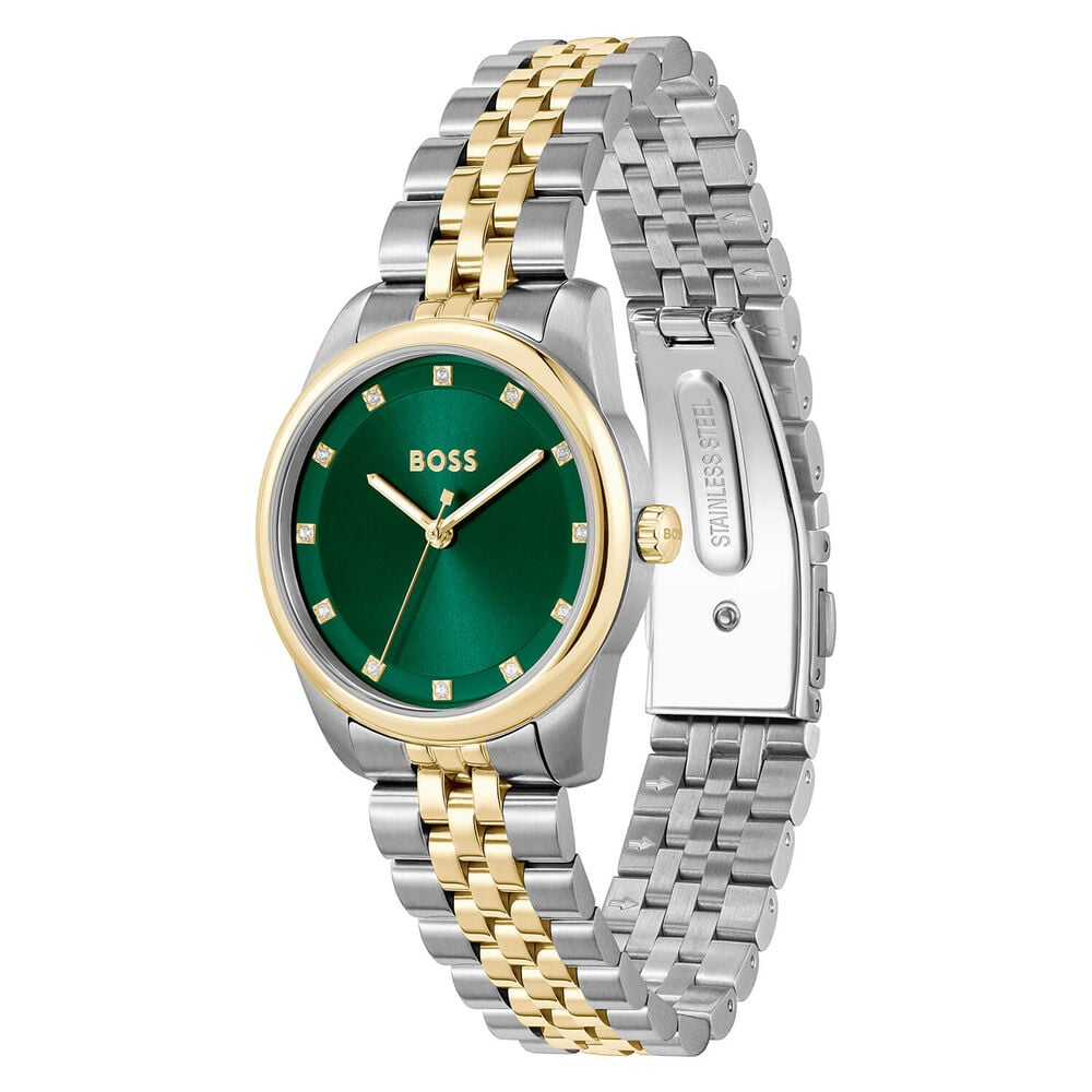 BOSS Graceful Precious 32mm Green Dial Gold Tone Bezel Steel Bracelet Watch image number 1