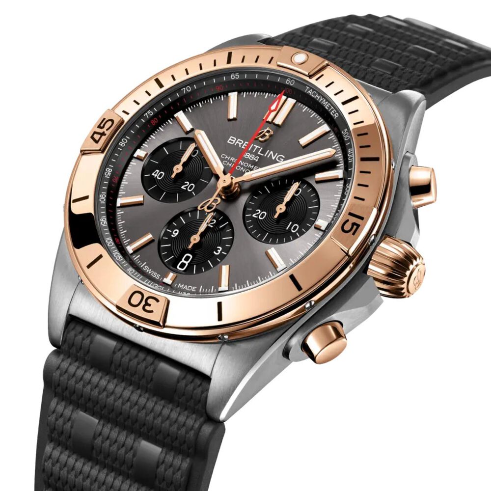 Breitling Chronomat B01 42mm Black Dial Rose Gold Bezel Rubber Strap Watch image number 1