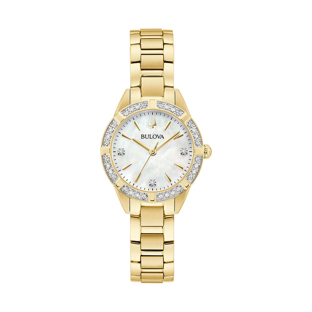 Bulova Sutton 28mm Mother of Pearl Dial Diamond Dots Gold Tone Steel Bracelet Watch image number 0