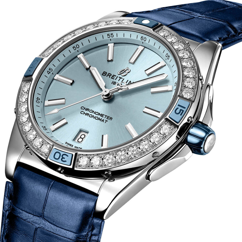 Breitling Super Chronomat Automatic 38 Blue Dial Leather Strap Watch image number 1