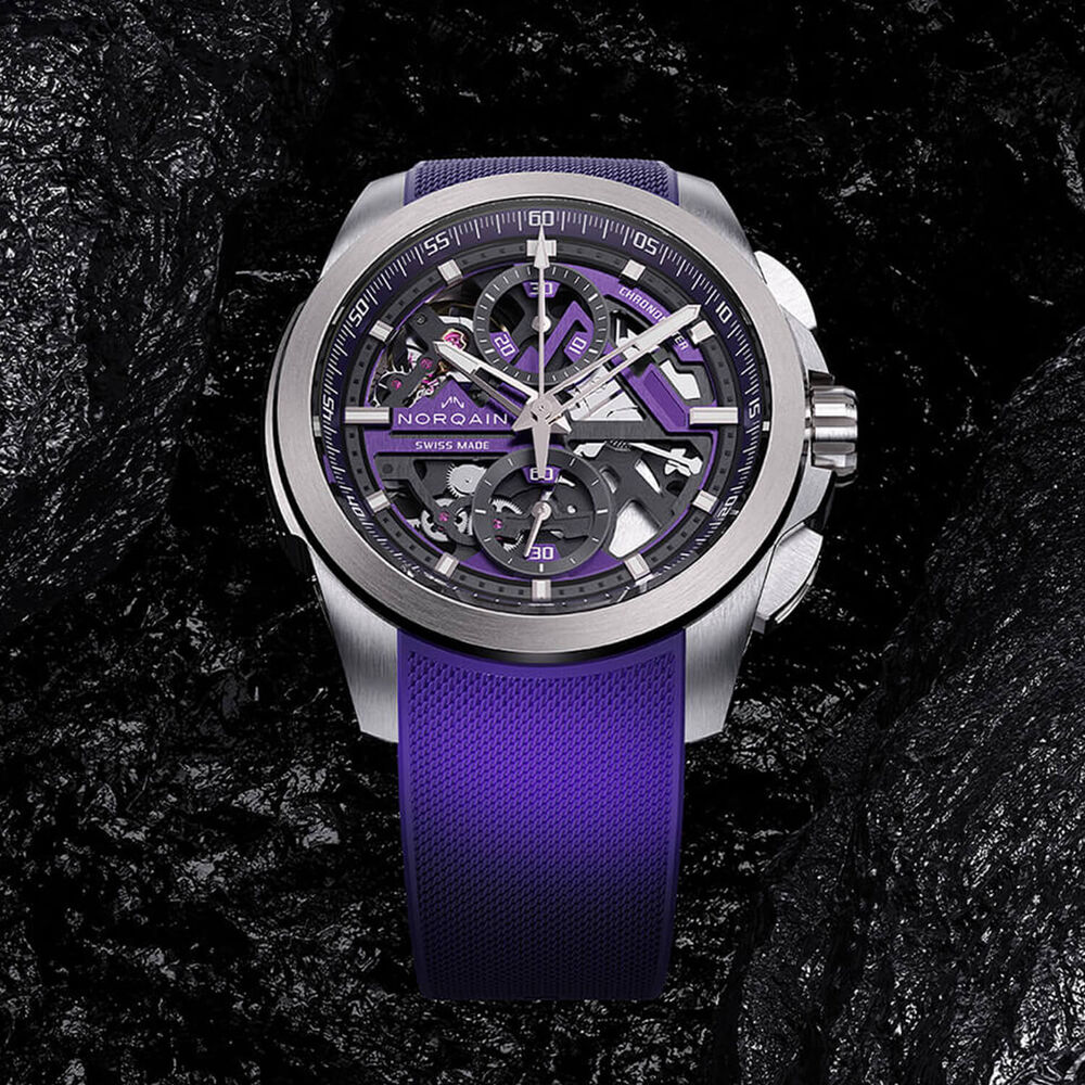NORQAIN Independence Skeleton Chrono 42mm Dial Titanium Case Purple Rubber Strap Watch